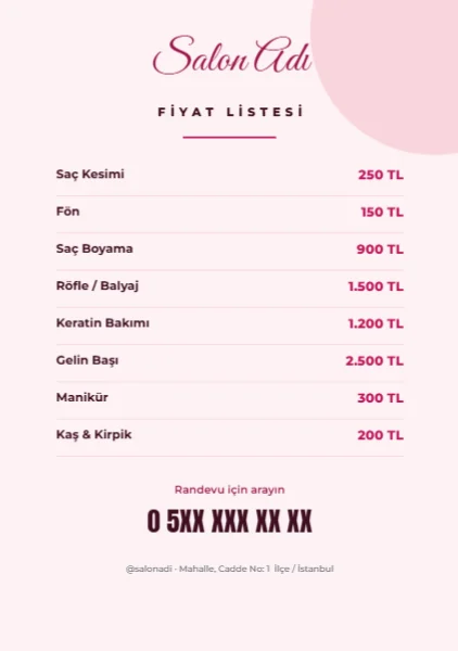 Kuaför Fiyat Listesi — Broşür şablonu